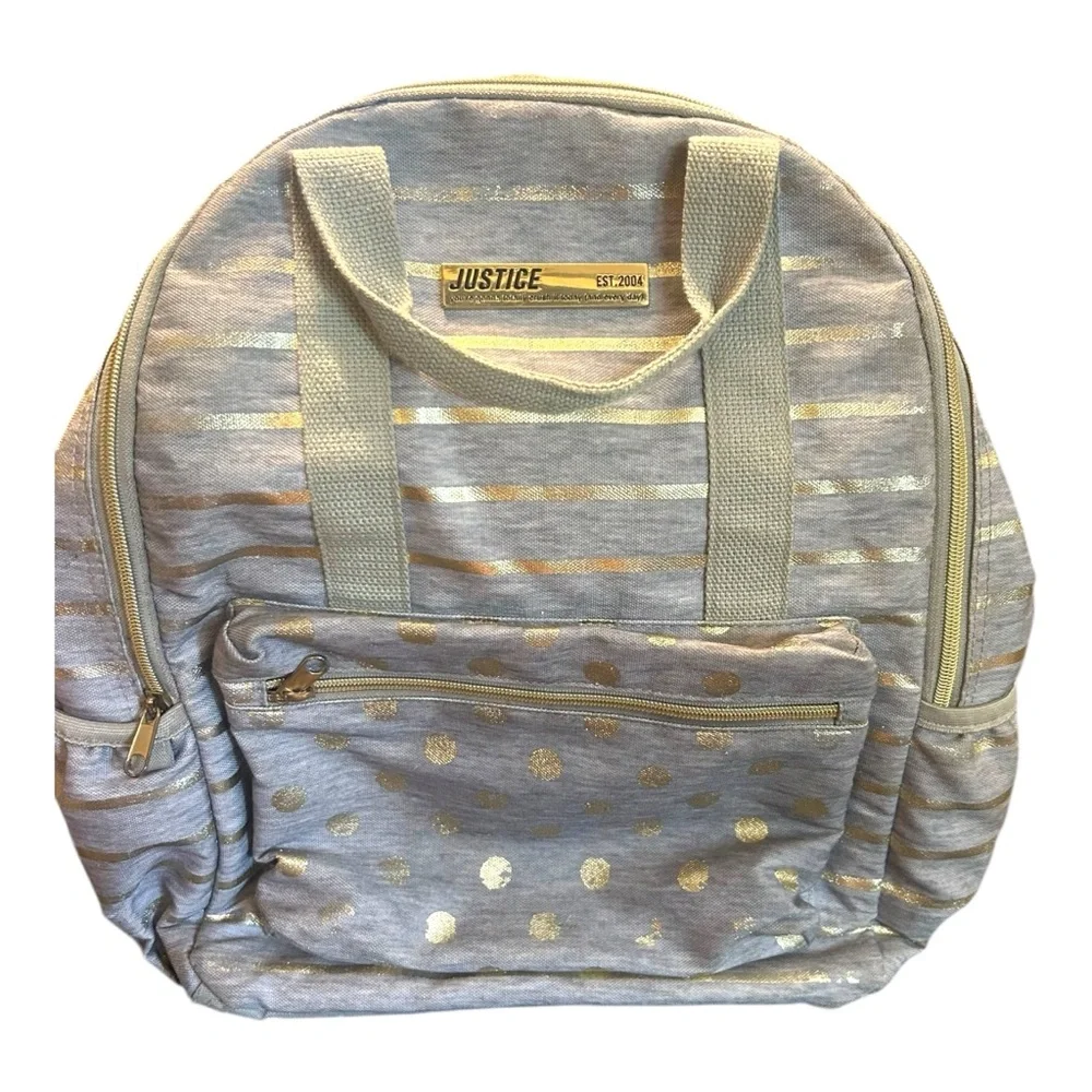 Justice Backpack Gray & Gold‎ Striped Polka Dot Est. 2004 Multi Compartment